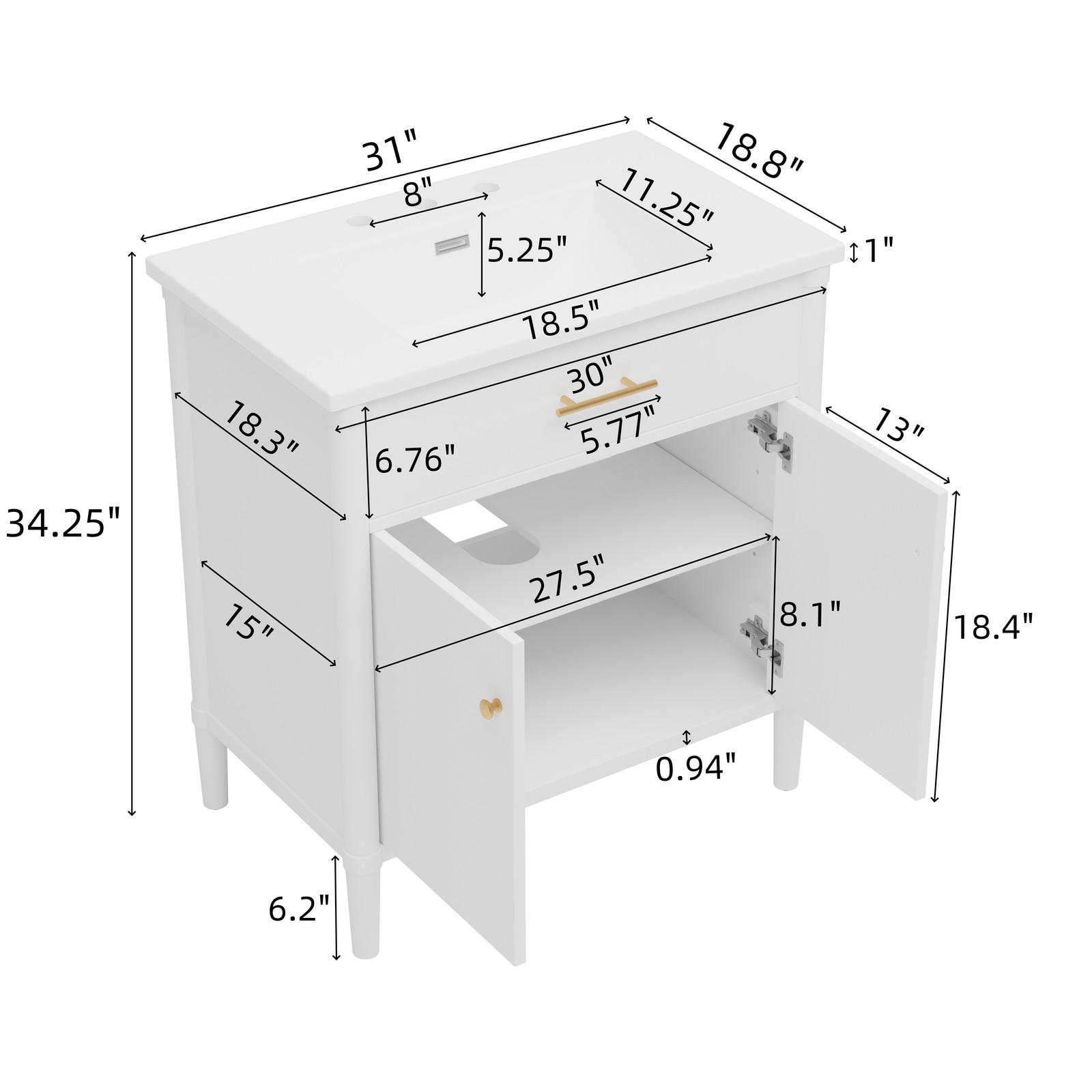 30″ Bathroom Vanity with Sink, Bathroom Cabinet with Soft Close Doors White