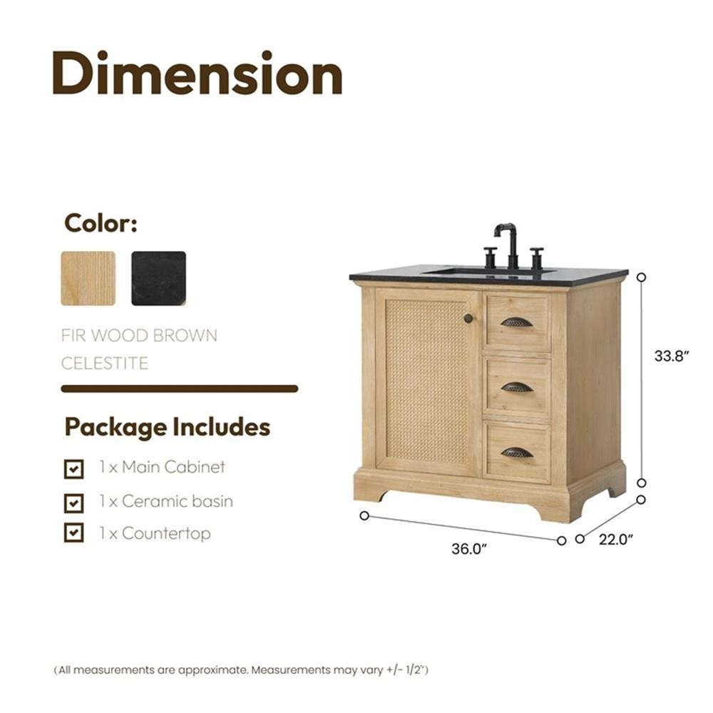 Hervas 36″ Fir Wood Brown Single Bath Vanity with Black Natural Celestite Marble