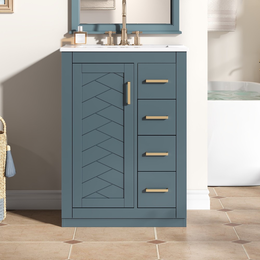 24in Bathroom Vanity Integrated Ceramic Sink 1 Door 3 Drawers