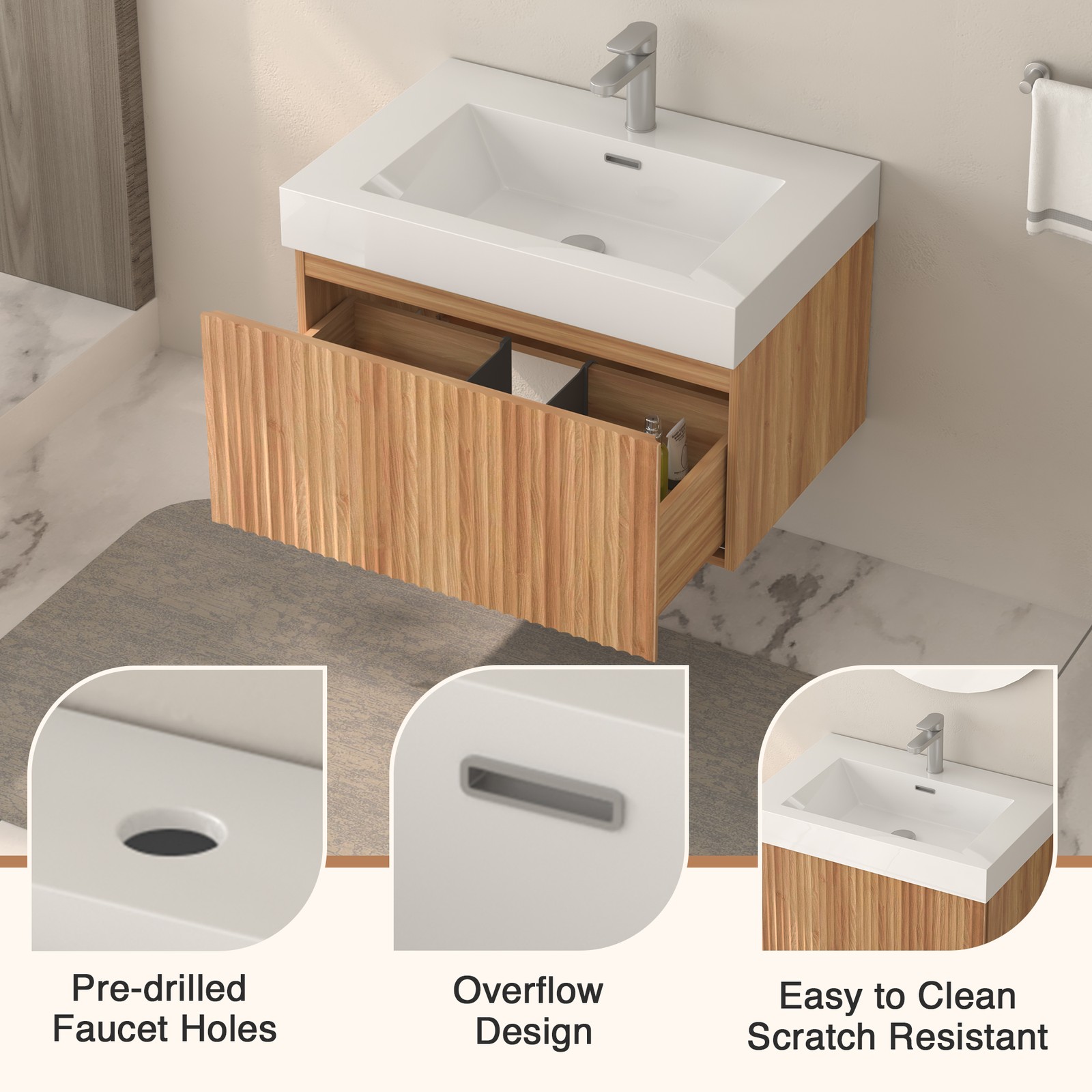 30″ Floating Bathroom Vanity with Integrated Sink, Acacia Plywood Cabinet
