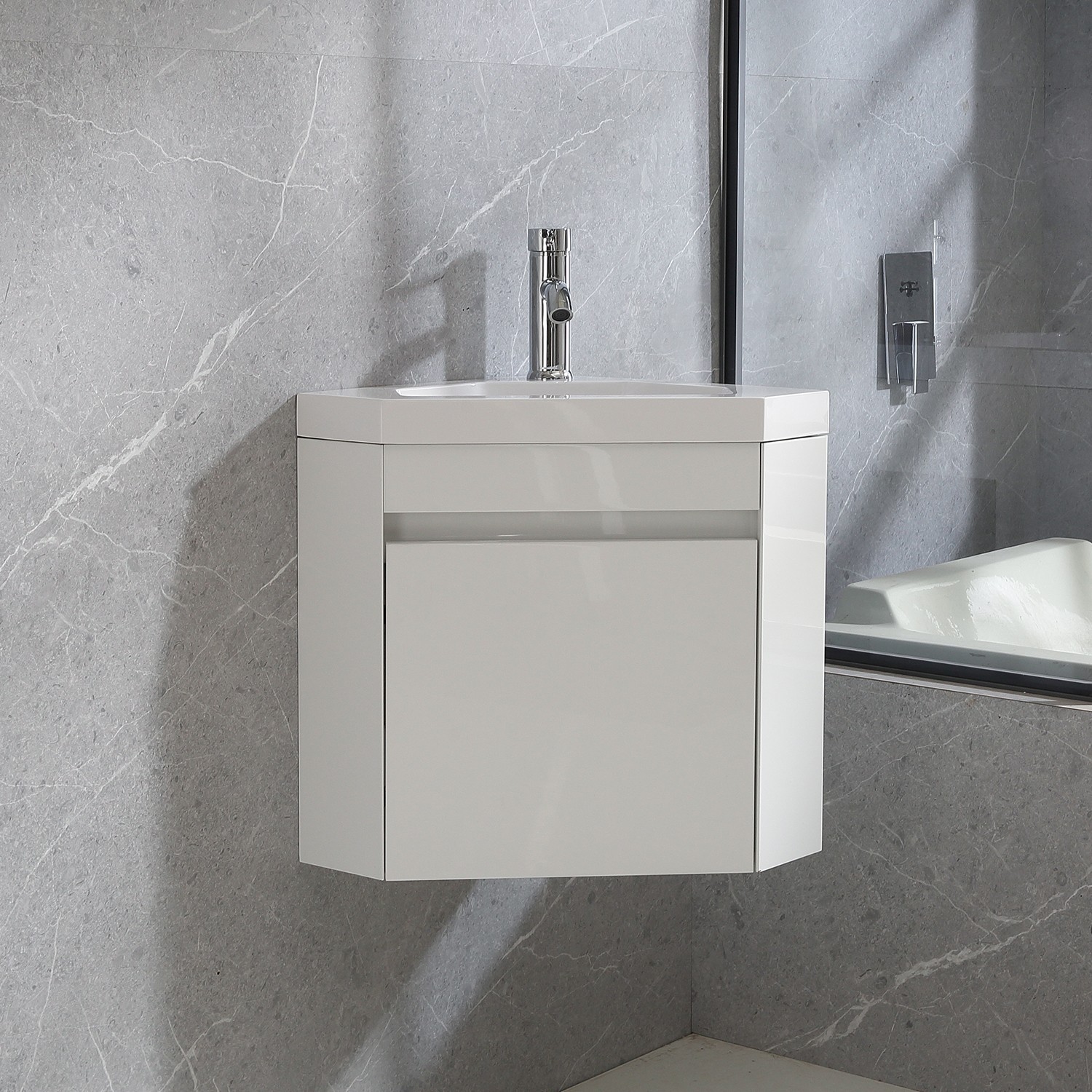 22″ Corner Wall Mounted Bathroom Vanity Floating Cabinet w/Sink for Small Space