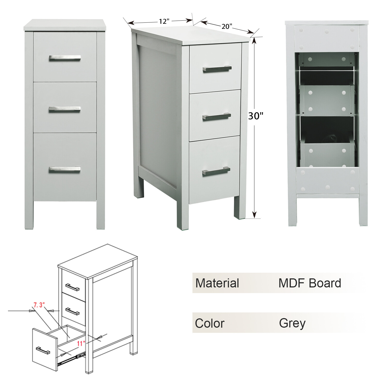 12″ Small Bathroom Vanity Beside Cabinet 3 Drawers Shelf Modern MDF Wood Gray
