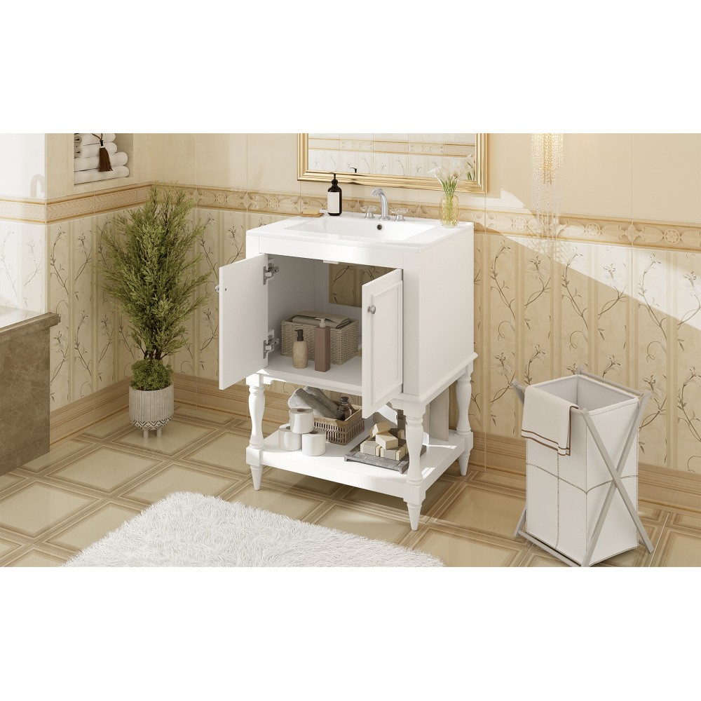 24″ Modern Bathroom Vanity w/ Ceramic Sink & Storage, White