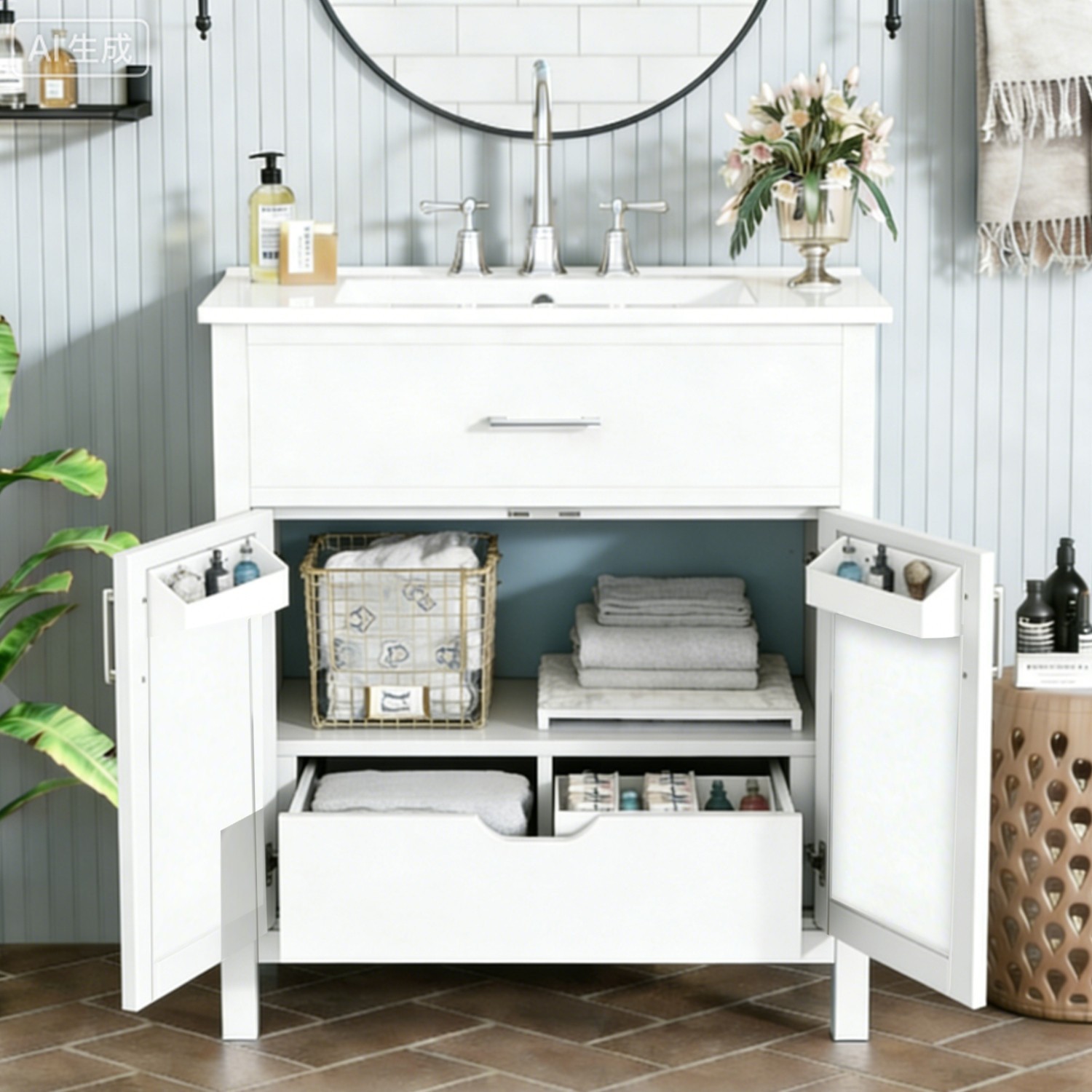 Functional 30 Inch Easy To Install Sink Vanity White Finish Bathroom Vanity Sink