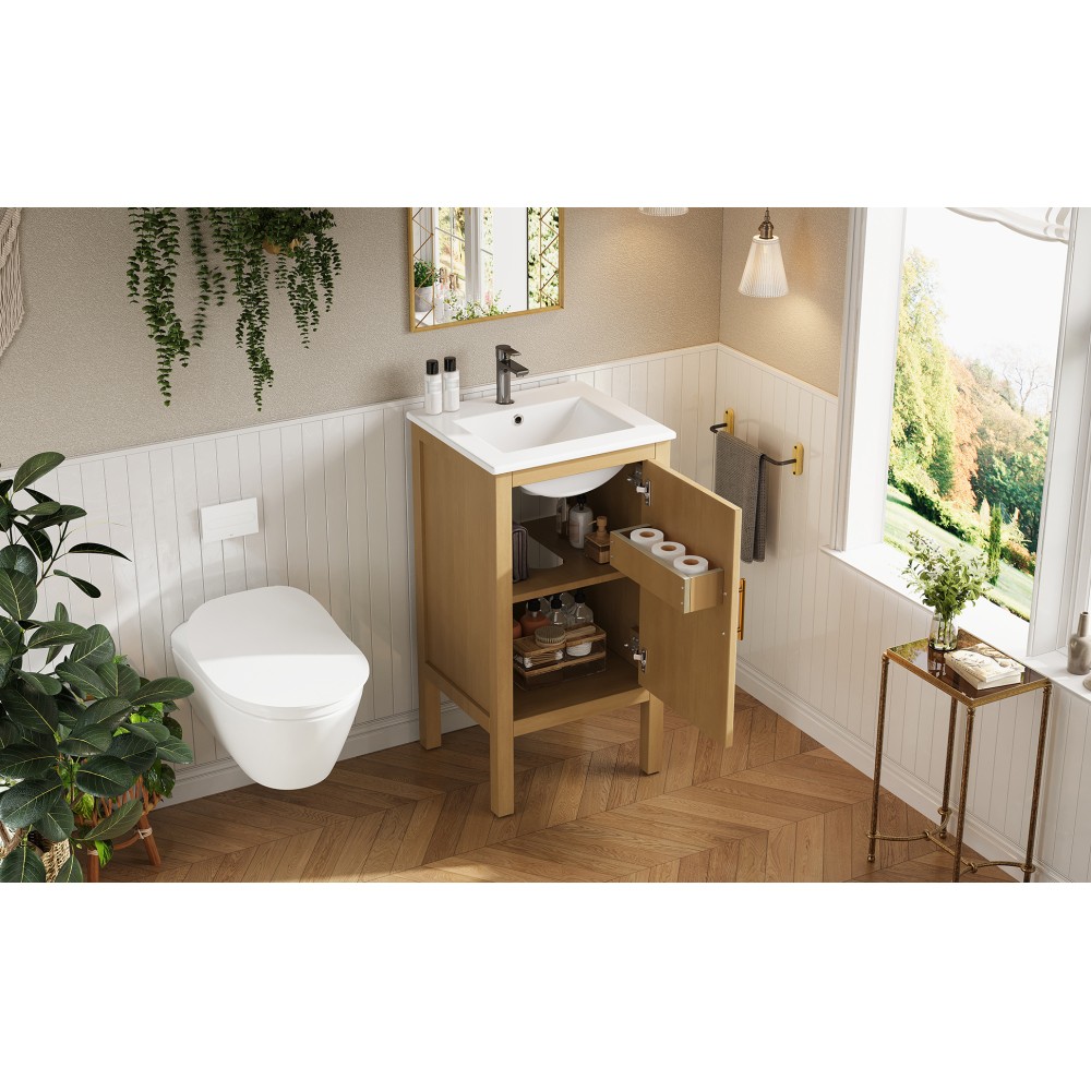 18″ Bathroom Cabinet with Ceramic Sink, Adjustable Shelf, Soft-Closing Hinges