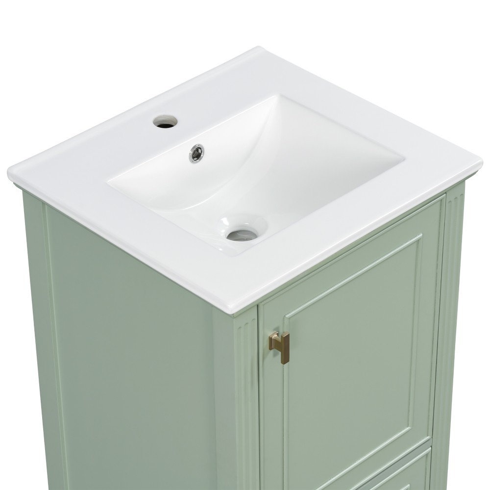 20″ Green Bathroom Vanity, Ceramic Sink, Solid Wood Legs, Soft-Close, Storage