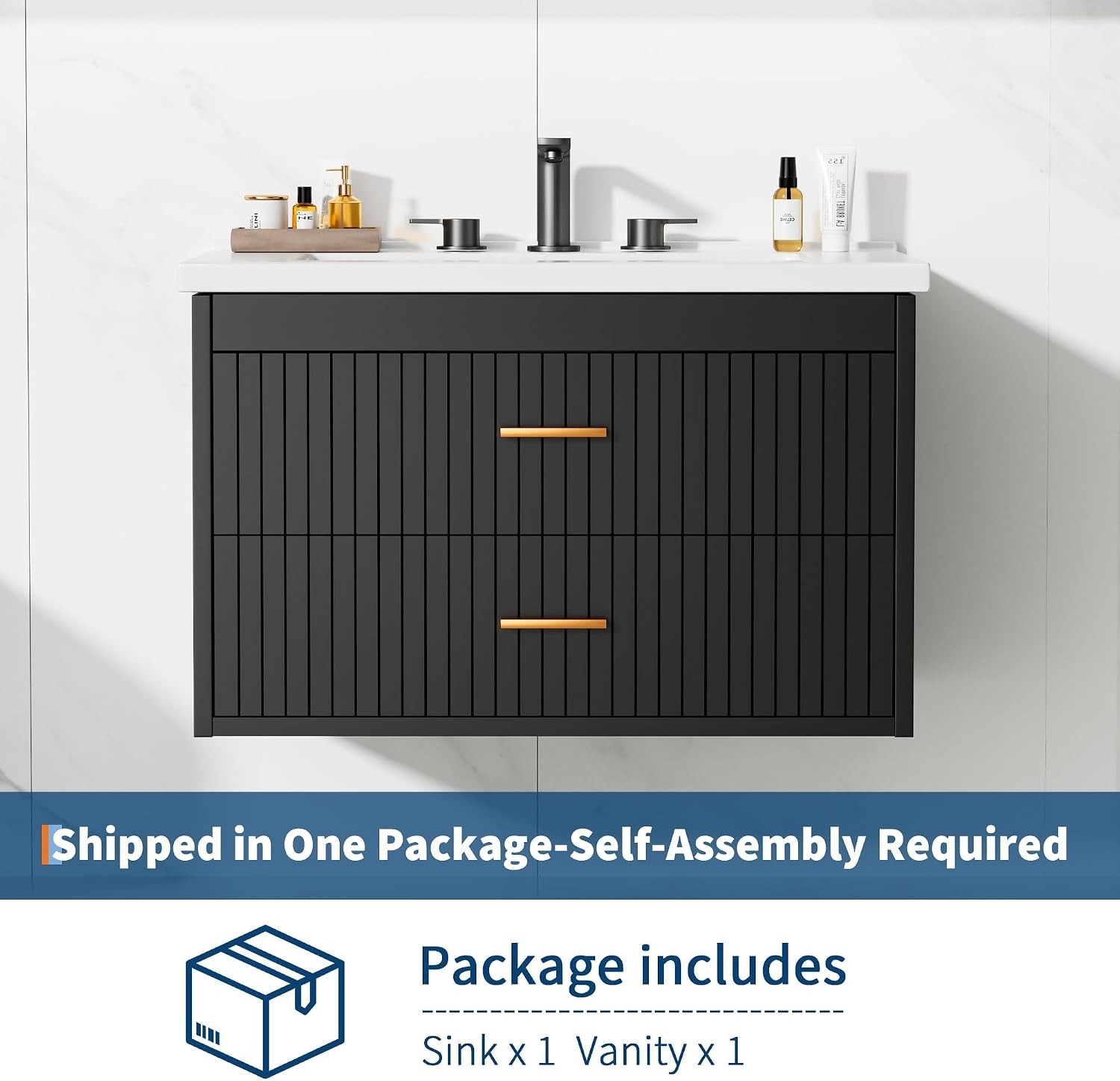 30” Floating Fluted Bathroom Vanity w/ Ceramic Sink Wall Mounted Vanity Cabinet