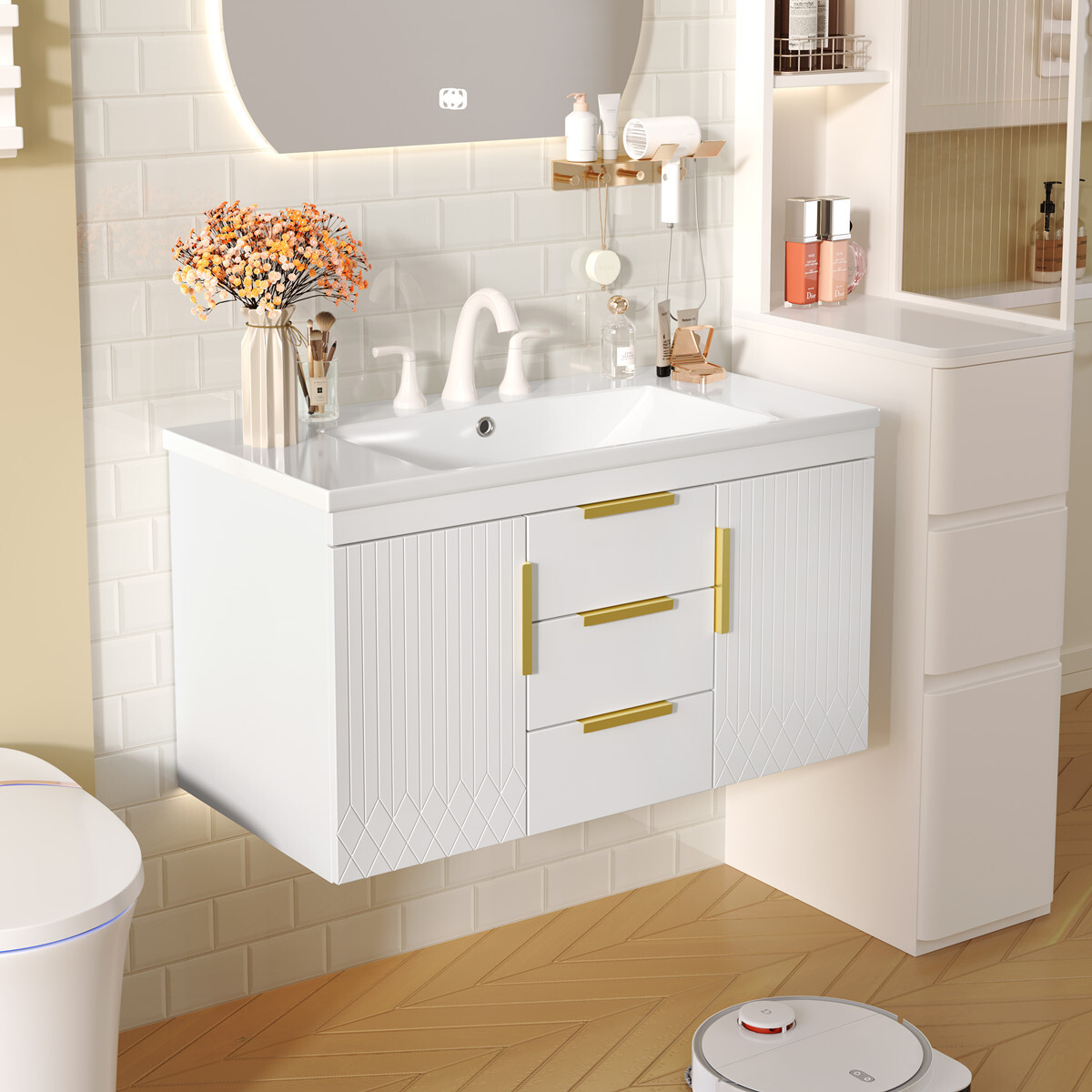 36″ Wall Mounted Bathroom Vanity w/Sink, Floating Vanity Cabinet 2 Drawers Doors
