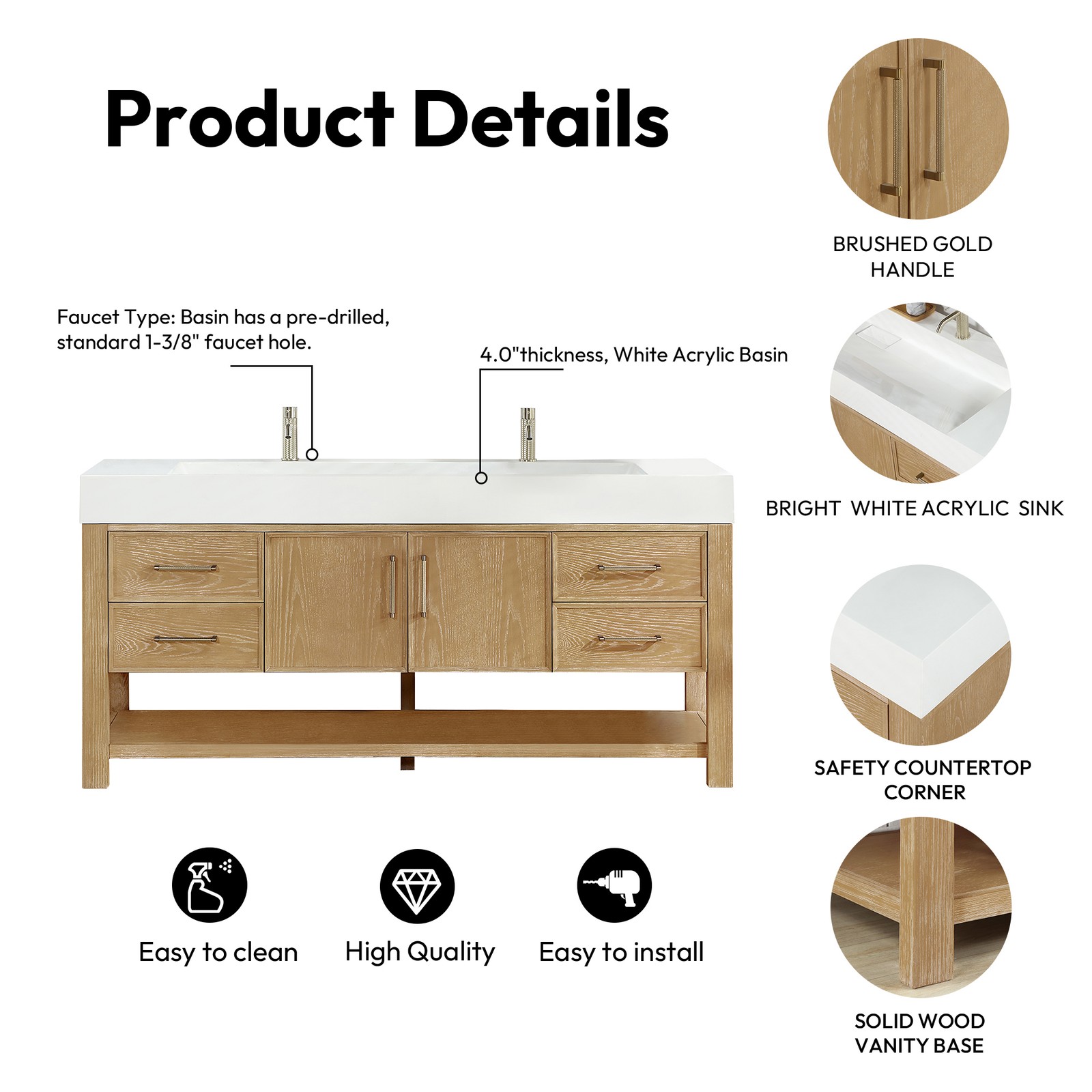 Vera 72″ Single Bath Vanity in Washed Ash Grey with White Integrated Stone Sink
