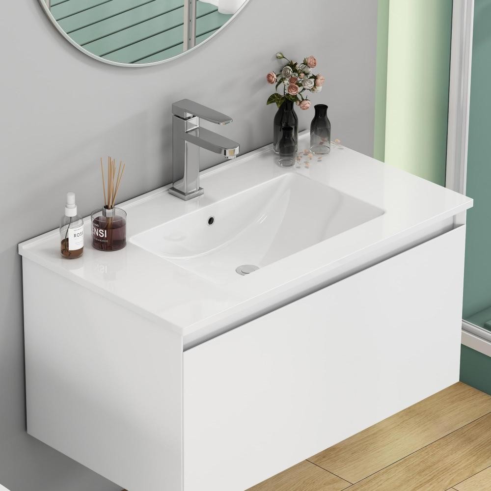 32-Inch White Ceramic Bathroom Sink, Fits 32-Inch Vanity,Pre-Drilled Faucet Hole