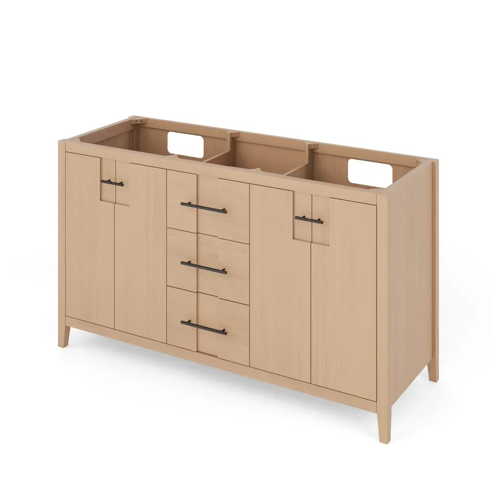 60″ Katara Natural Oak Double Bowl Bathroom Vanity + Black Granite Countertop
