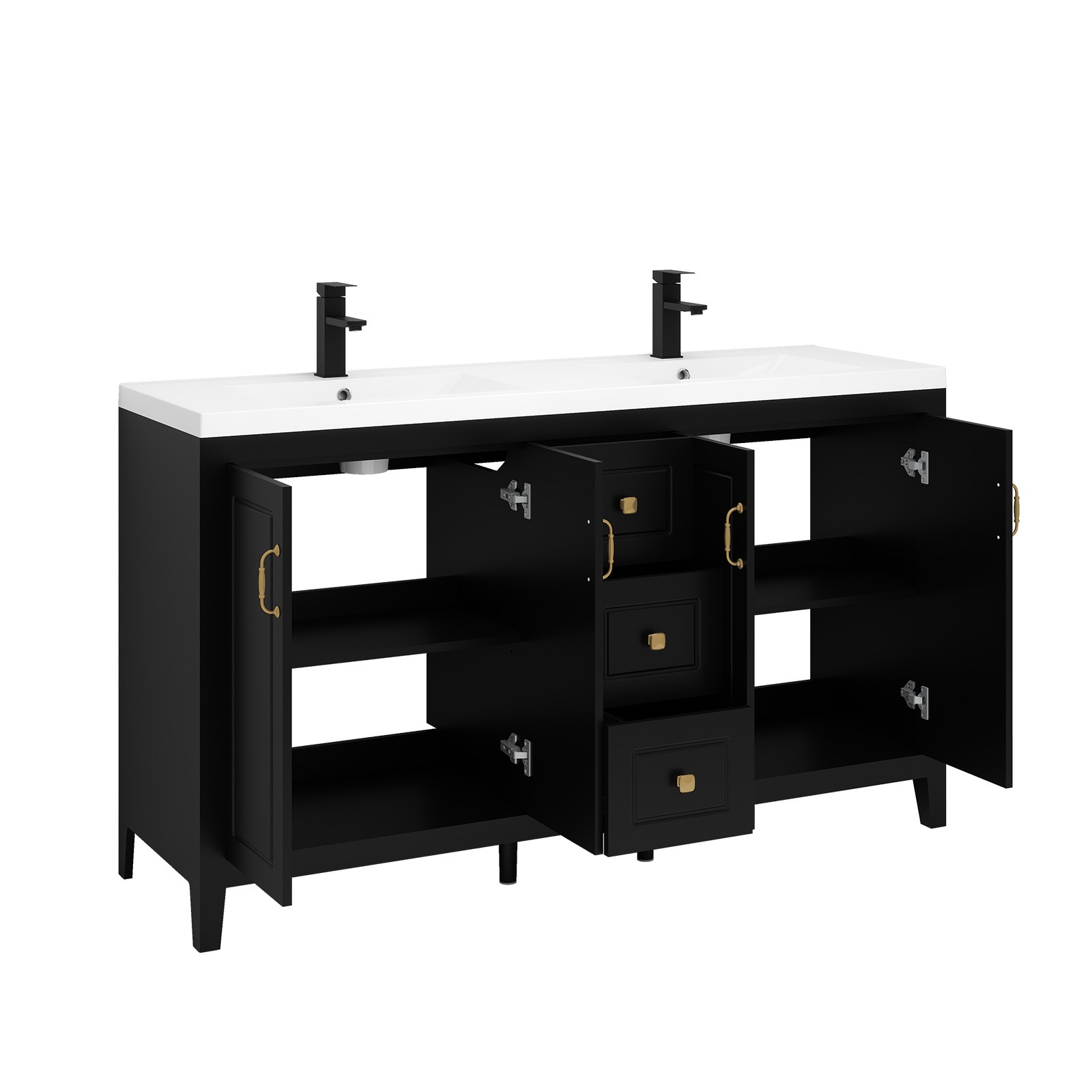 60″ Freestanding Bathroom Vanity Soft-Close 4 Doors 3 Drawers with Faucet Black