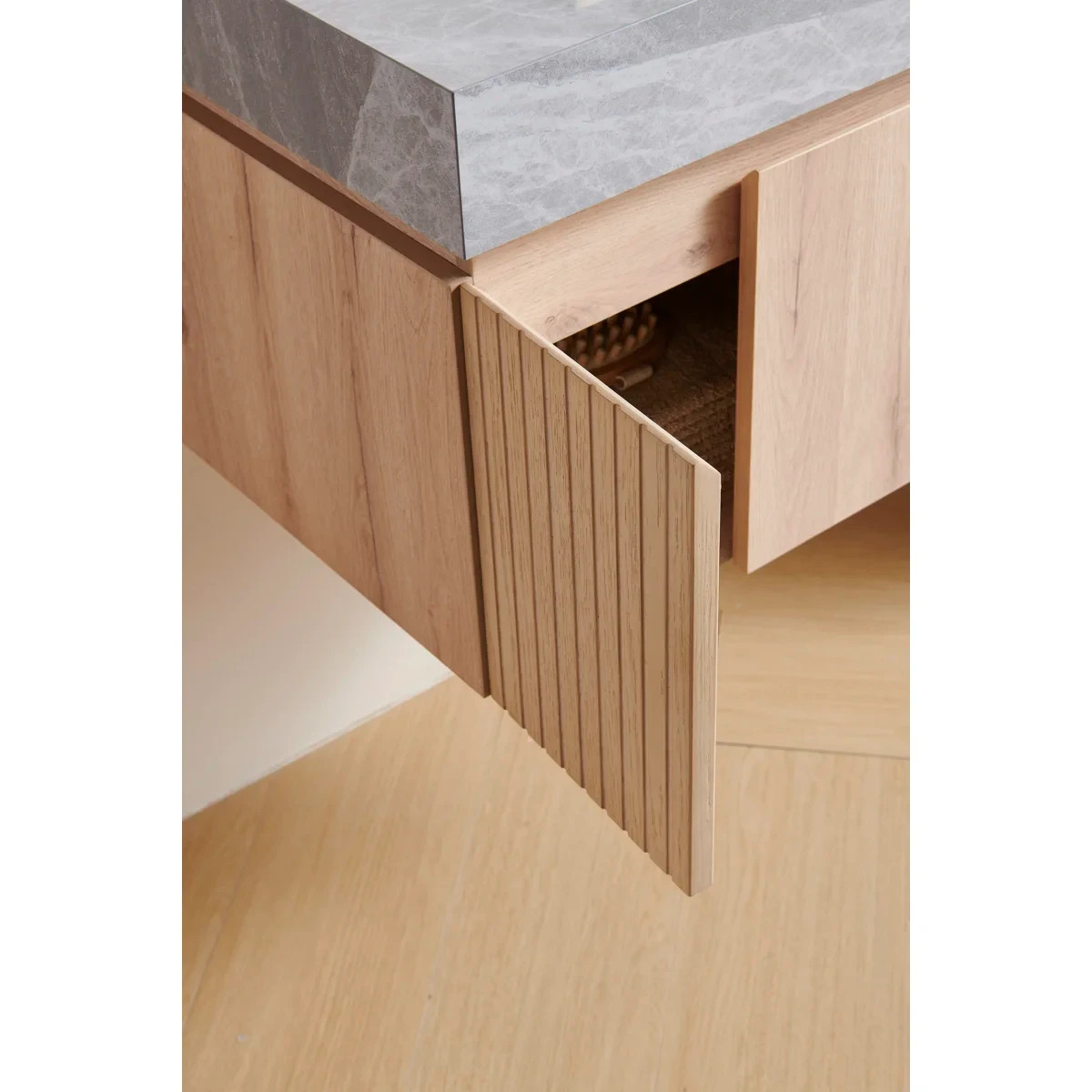 24” White Oak Bathroom Vanity with Gray Stone Top & Sink