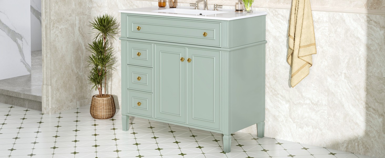 36 Inch Bathroom Vanity with Sink, Green Solid Wood Cabinet, Gold Handles