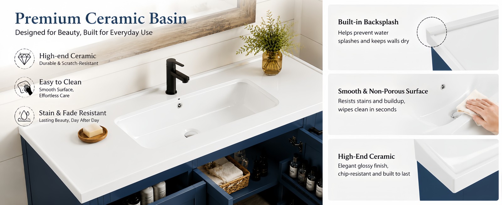 48″ Bathroom Vanity with Sink Ceramic Top Navy Blue Farmhouse Cabinet