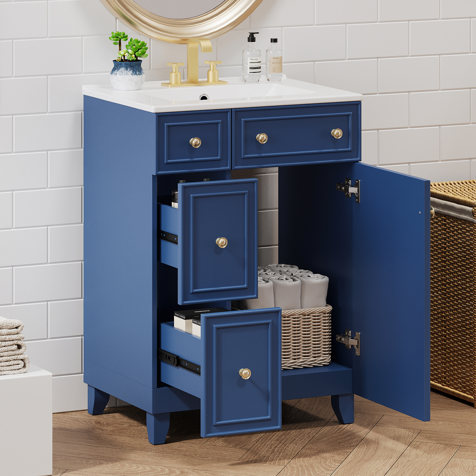 24″ Bathroom Vanity w/Ceramic Sink, 2 Drawers, Freestanding Small Vanity Cabinet
