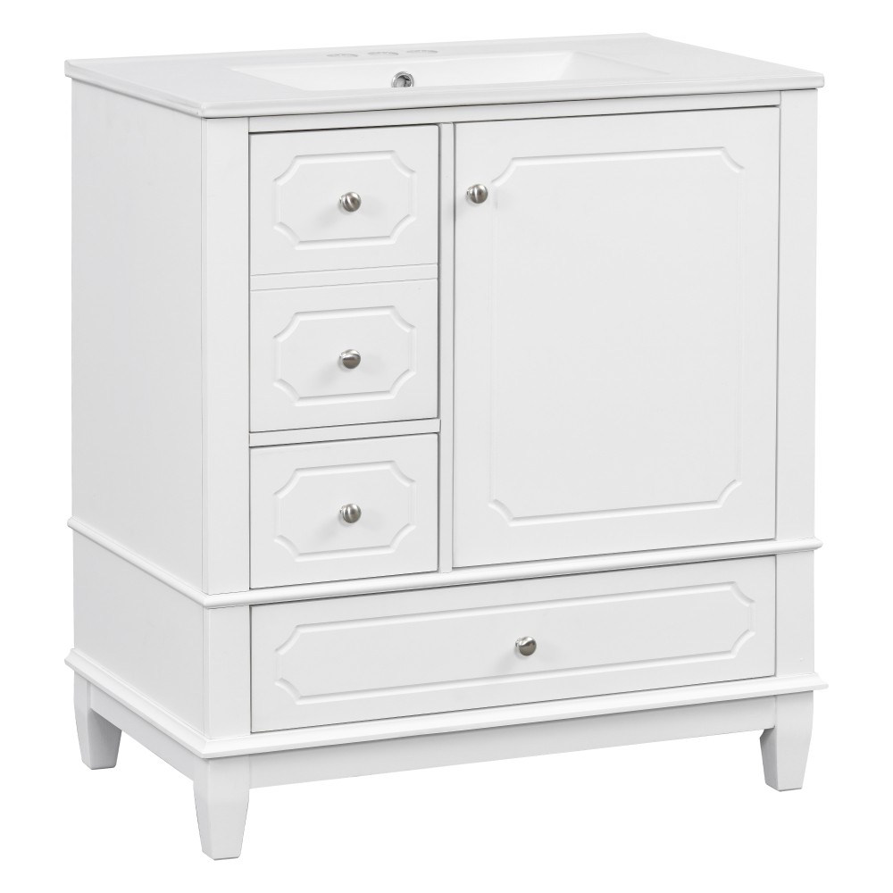30″Bathroom Vanity with Sink Freestanding White Vanity Cabinetwith Ceramic Basin