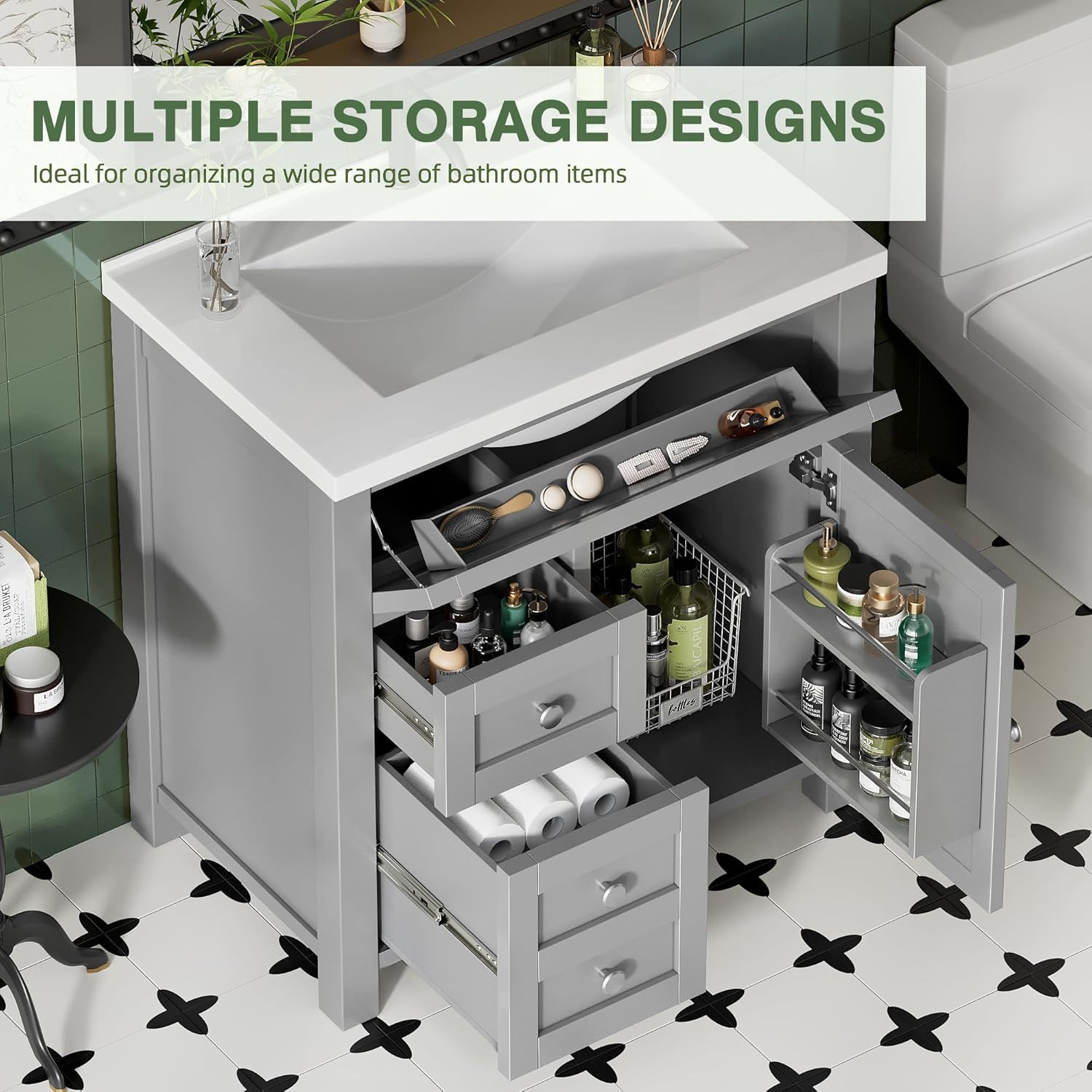 30” Grey Bathroom Vanity with Sink, Drawers & Metal Handles, Freestanding