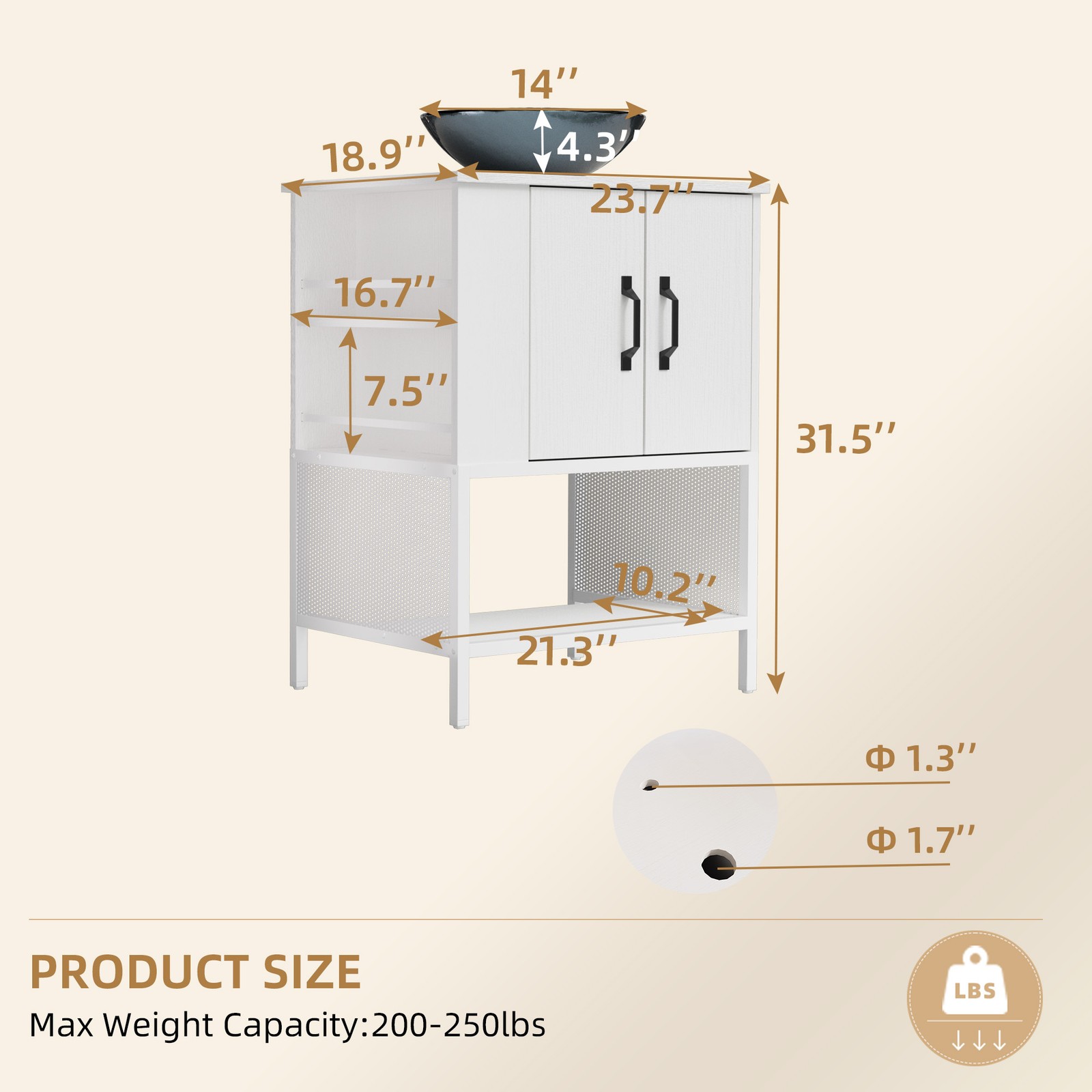 24″ Wooden Bathroom Vanity Single Cabinet White Freestanding Drawers No Fauct