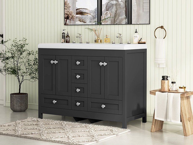 47in Large Freestanding Bathroom Cabinet with Double Sink Black Vanity Cabinet
