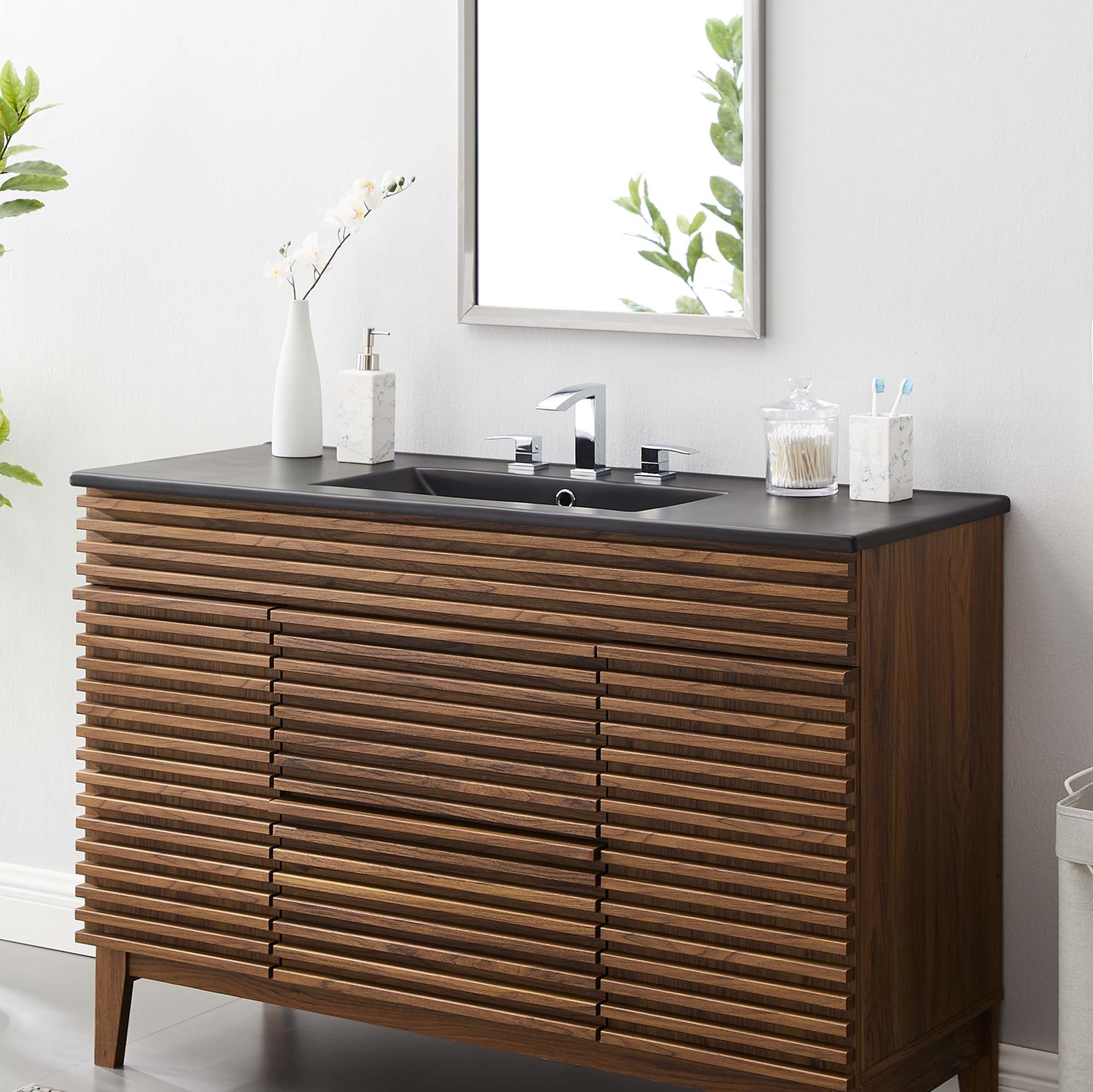 Modway Cayman Modern 48″ Bathroom Sink in Black With Rectangular Basin