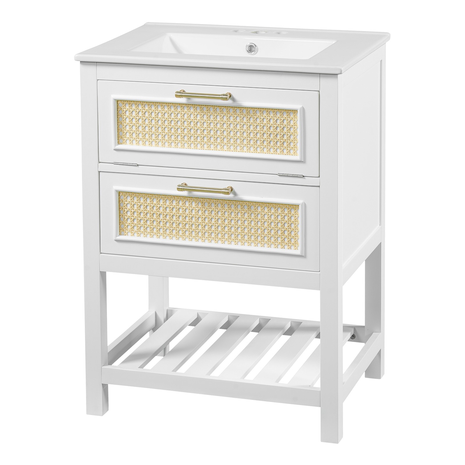 24″ White Bathroom Vanity with Ceramic Sink and 2 Drawers