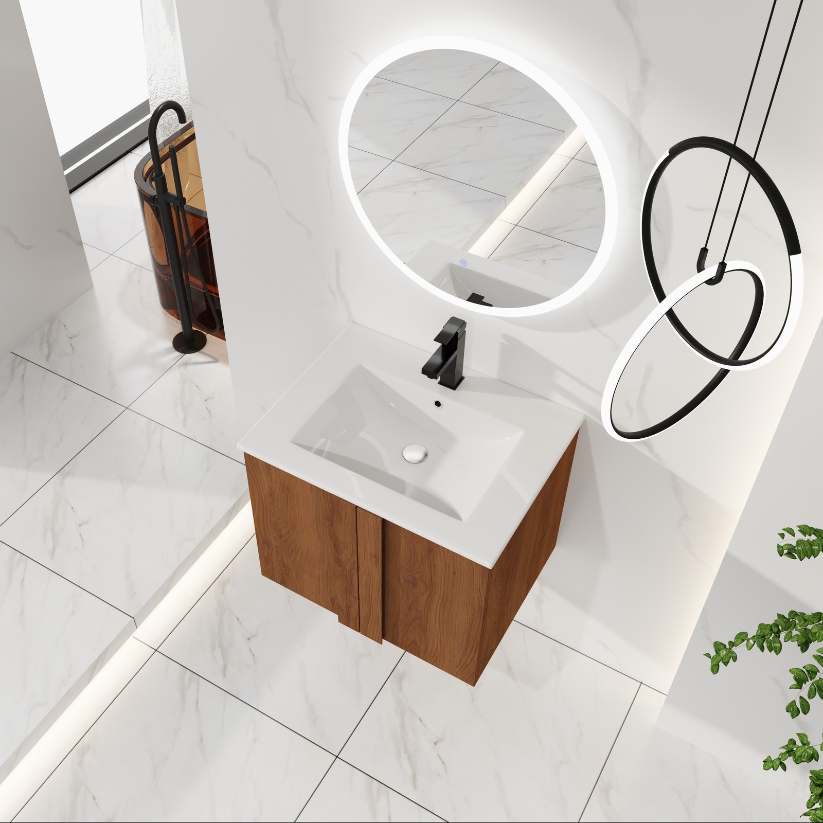 24″ Floating Bathroom Vanity with Sink, Brown Ebony Cabinet, Soft-Close