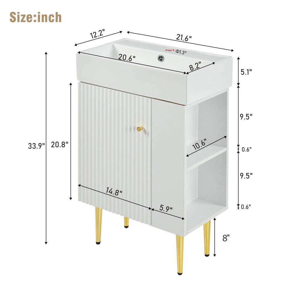 21.6″ Bathroom Vanity Single Ceramic Sink Right Side Storage