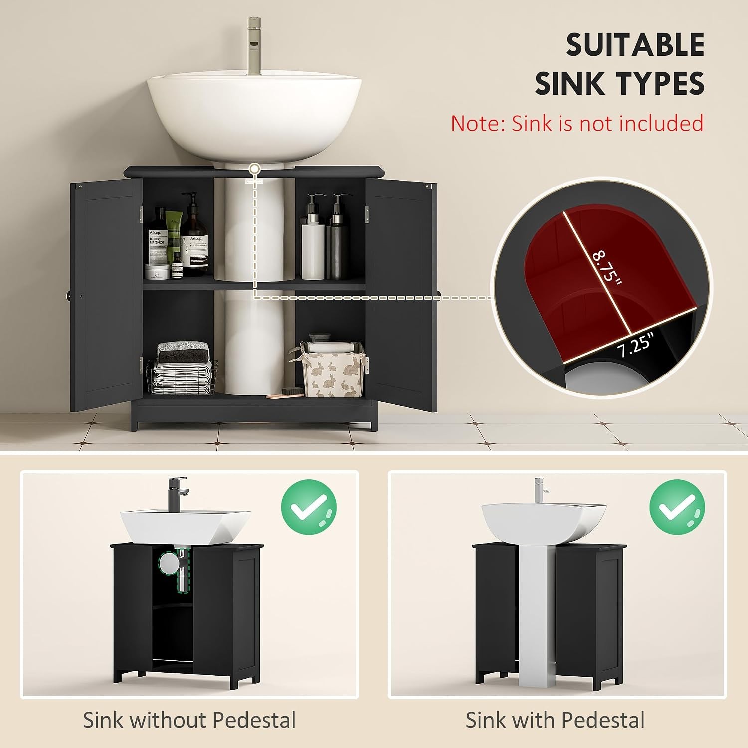 23.5″ Pedestal Sink Storage Cabinet Freestanding Bathroom Under Sink Cabinet