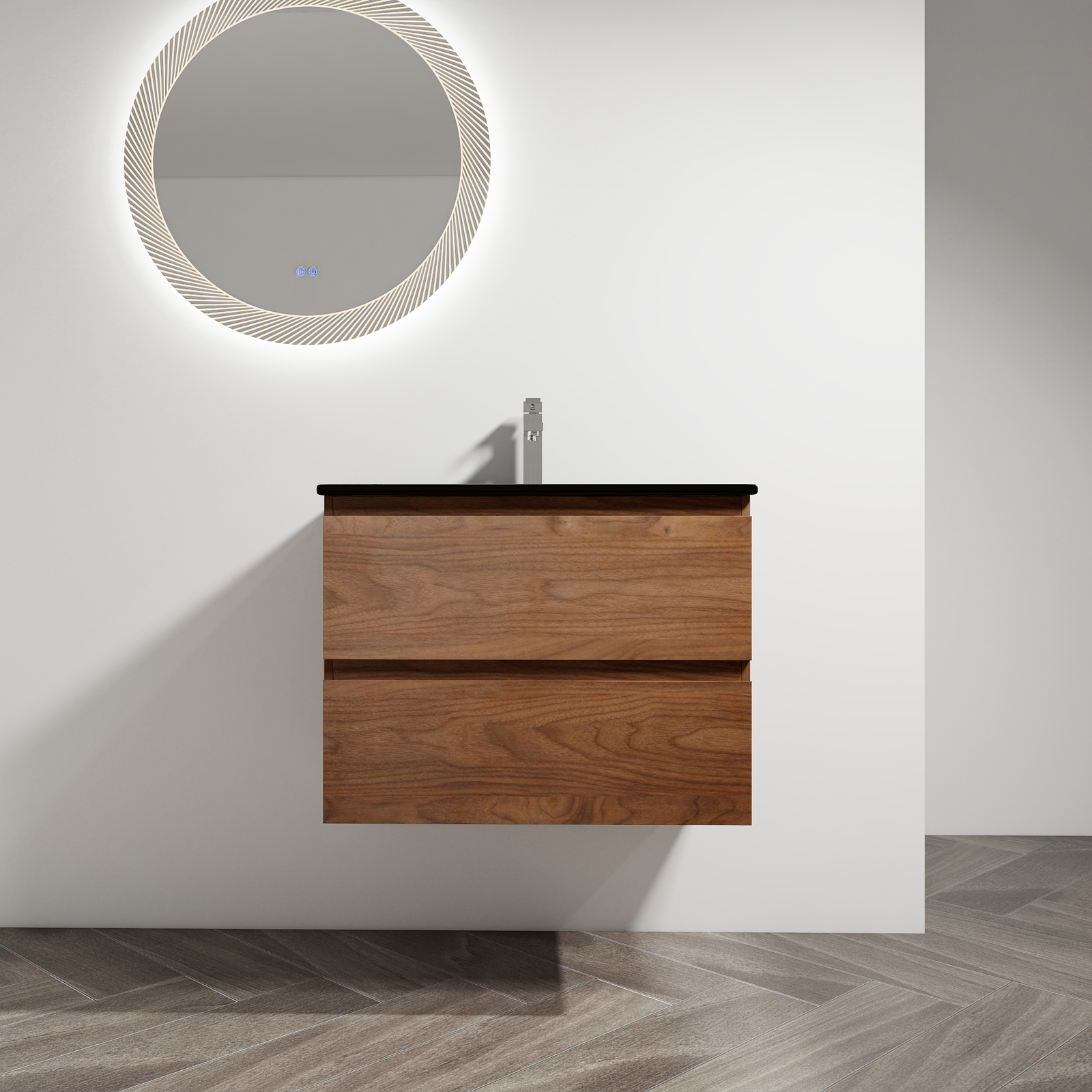 30 Inch Floating Wall Mounted Bathroom Vanity +Black Ceramic Sink 2 Drawer Brown