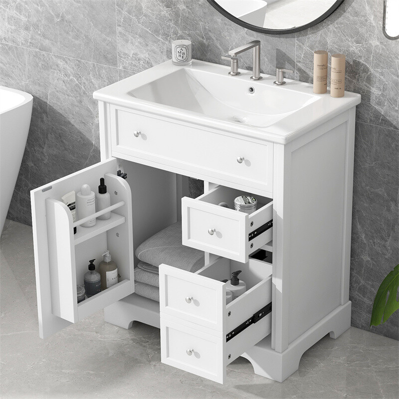 30″ White Bathroom Vanity with Ceramic Sink Set Storage Cabinet w/Door & Drawers