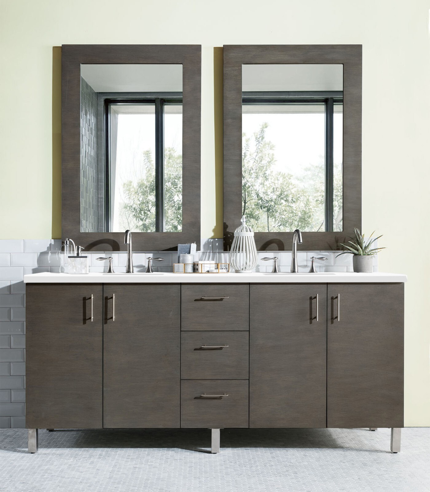 72″ JAMES MARTIN METROPOLITAN SILVER OAK DOUBLE BATHROOM VANITY + WHITE QUARTZ