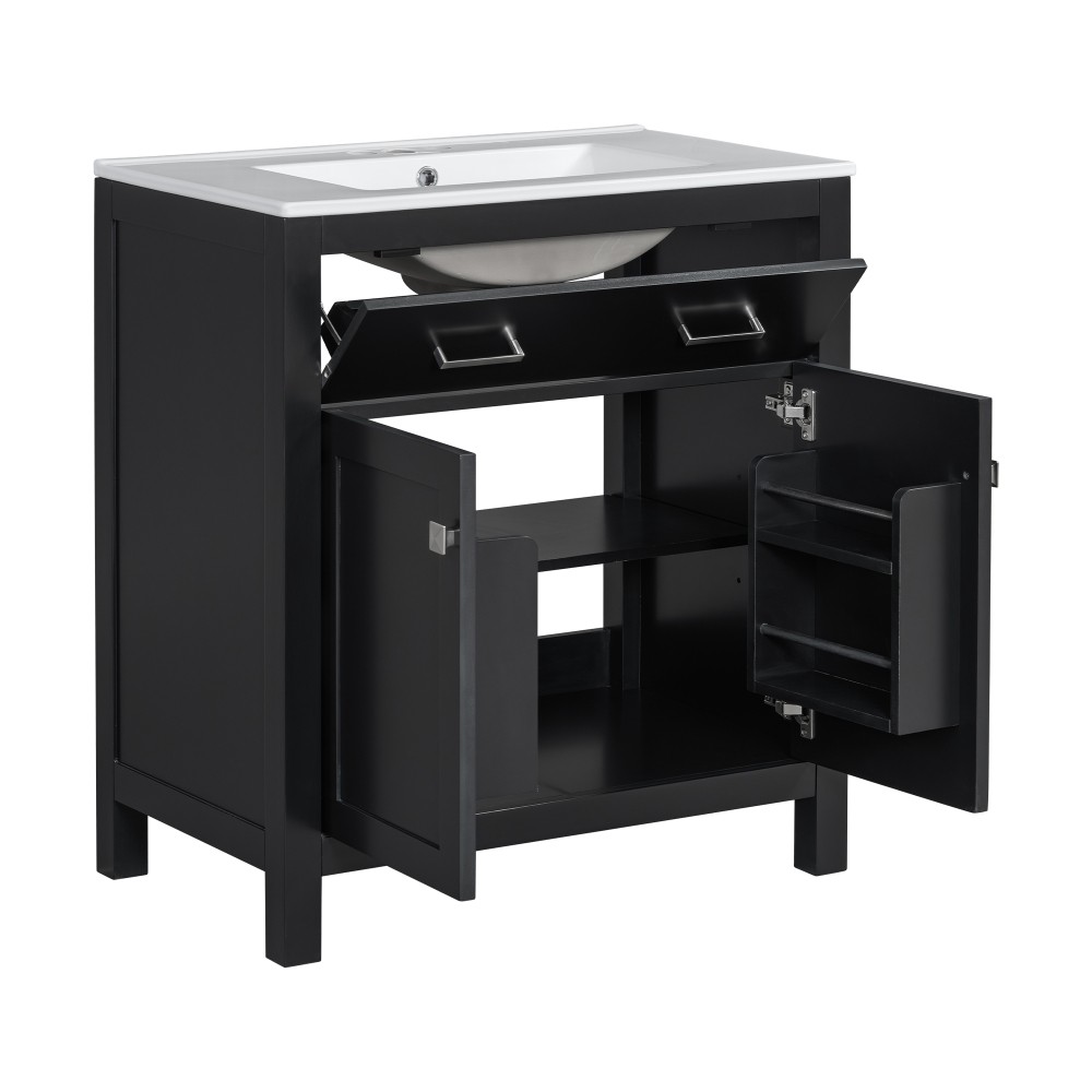 30″ MDF Bathroom Vanity Ceramic Sink Soft Close 2 Doors Adjustable Shelf Storage