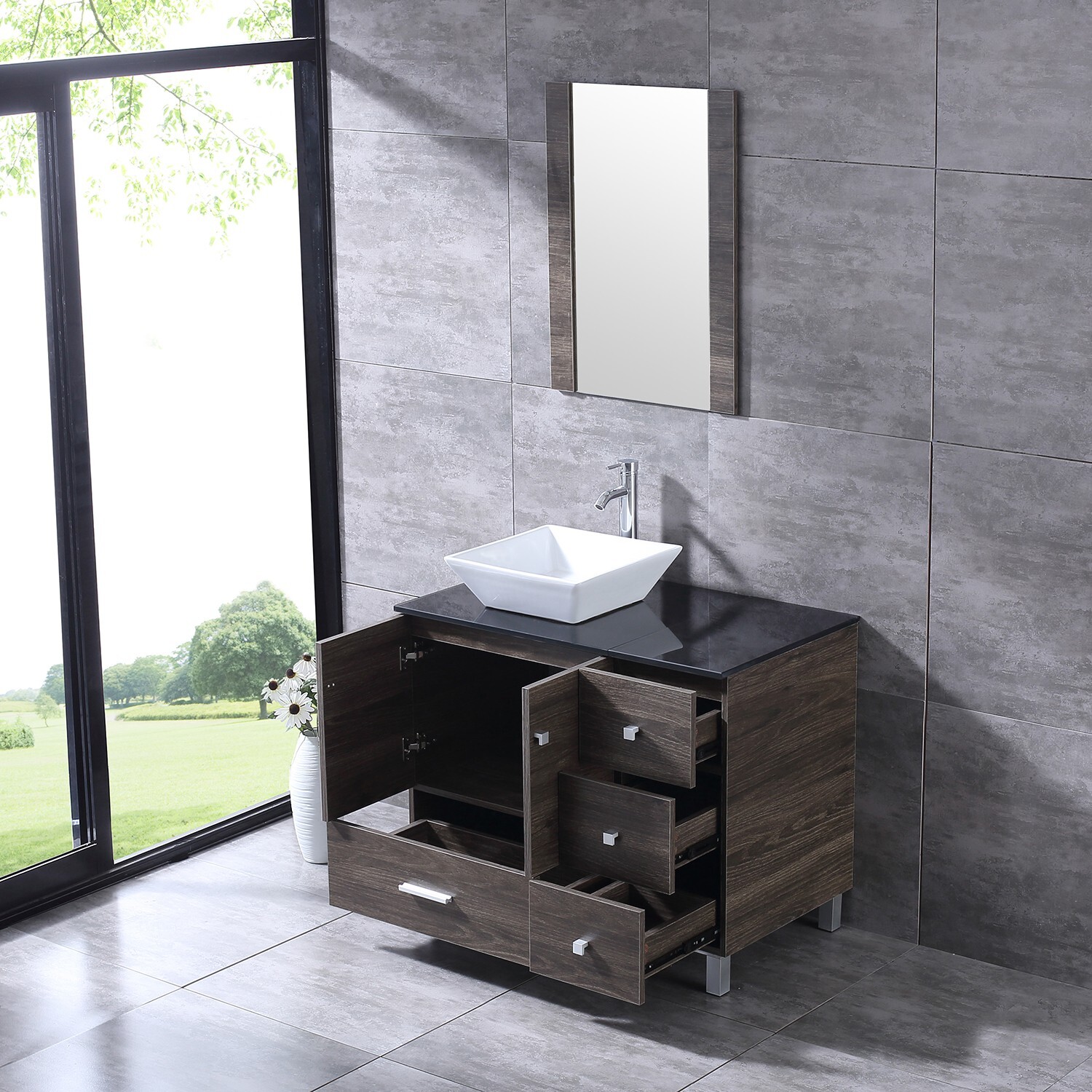 36inch Bathroom Vanity Single Cabinet 4 Ceramic Sink w/Black Glass Top Set Brown