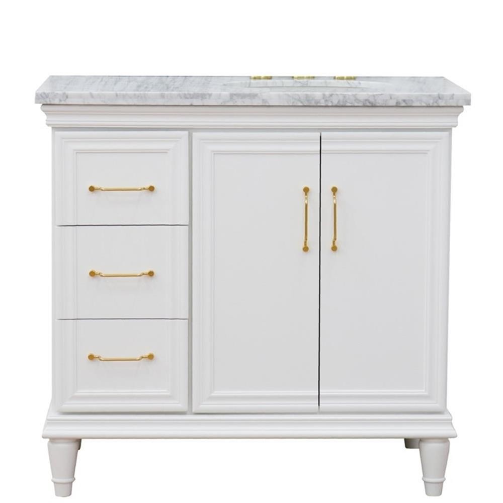 37 in. Single Wooden Vanity White White Carrara Oval Right Door.Right Sink