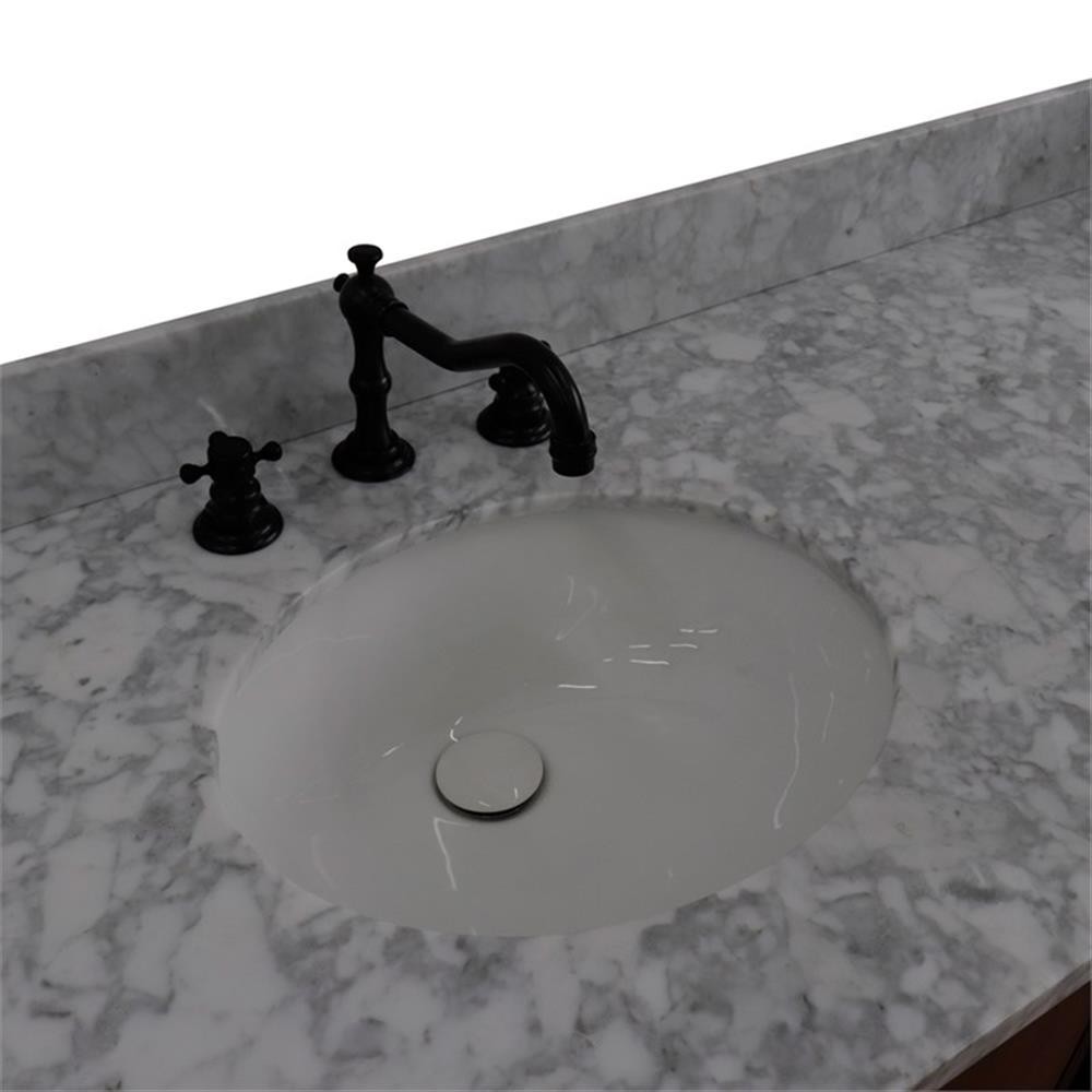61 in. Double Wooden Vanity Walnut Black White Carrara Marble Oval Sink