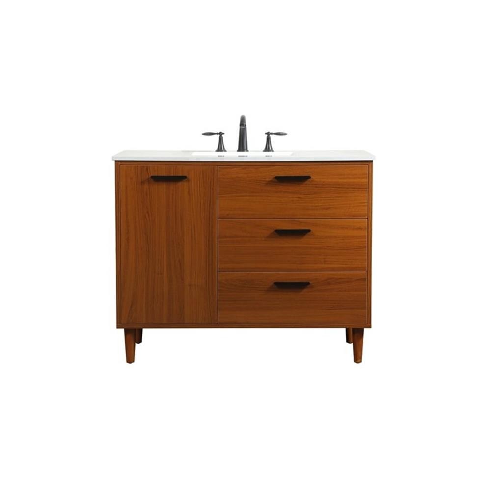 Pemberly Row Modern 42″ Solid Wood and MDF Bathroom Vanity in Teak