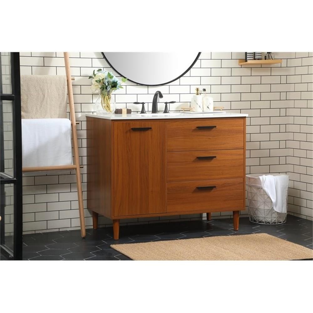 Pemberly Row Modern 42″ Solid Wood and MDF Bathroom Vanity in Teak