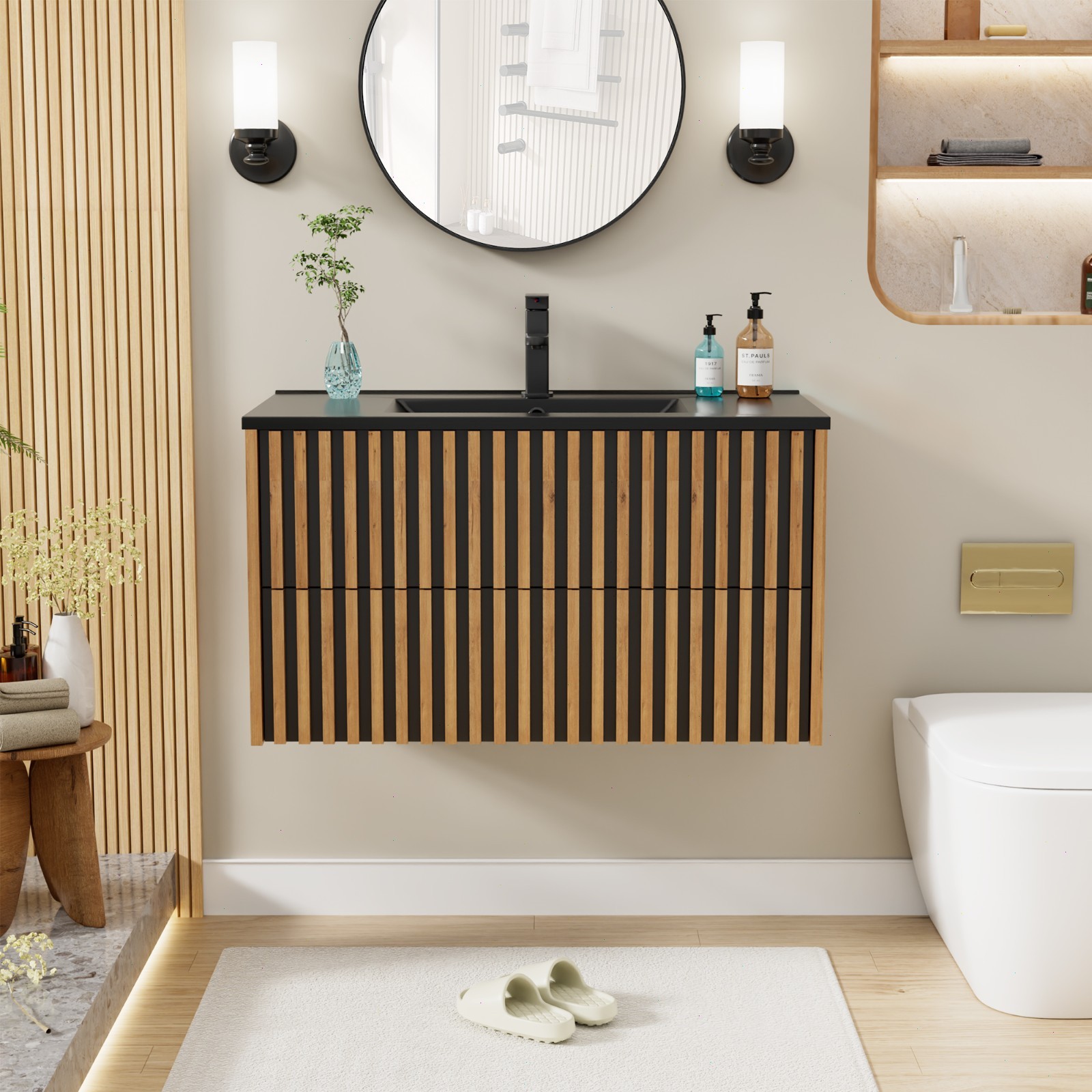24″/ 30″/ 36″ Wall Mounted Bathroom Vanity Set With Sink Top, Faucet And Drain
