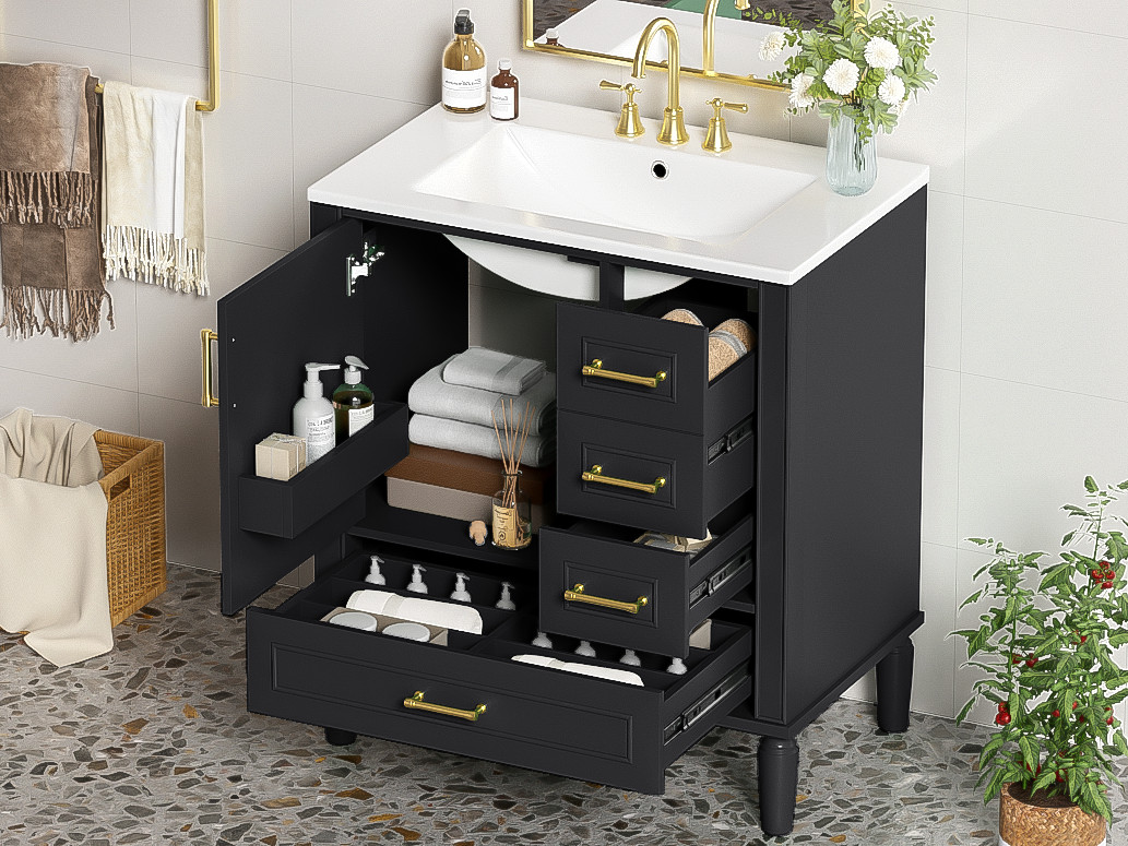 30″ Black Bathroom Vanity Set with 3 Drawers & Gold Handles