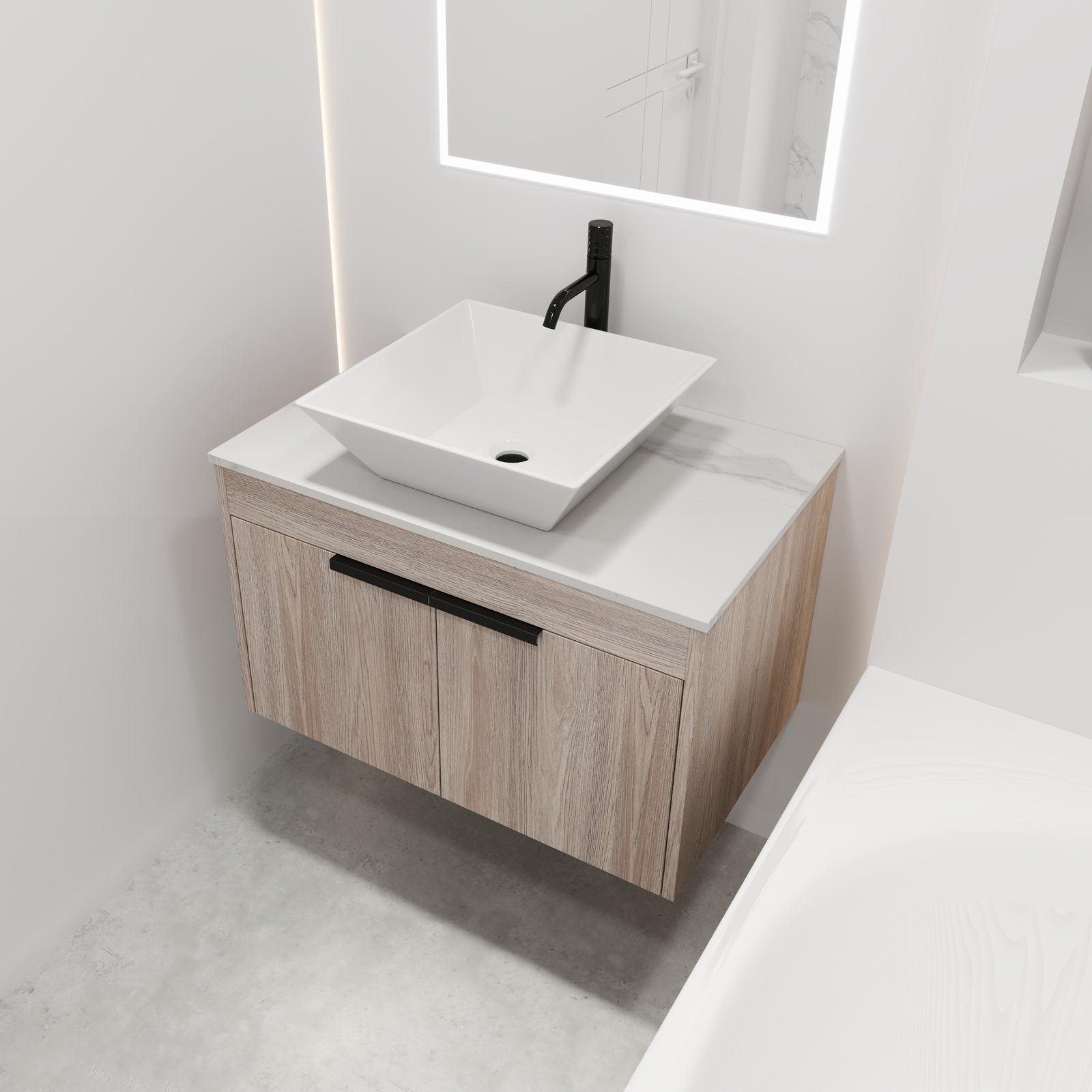 30″ Modern Floating Wall Mounted Bathroom Vanity Cabinet Ceramic Vessel Sink