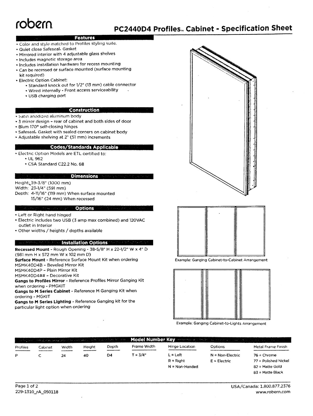 Robern PC2440D4TNN83 – Profiles Mirrored Cabinet – 24″ x 40″ x 4″ – Matte Black