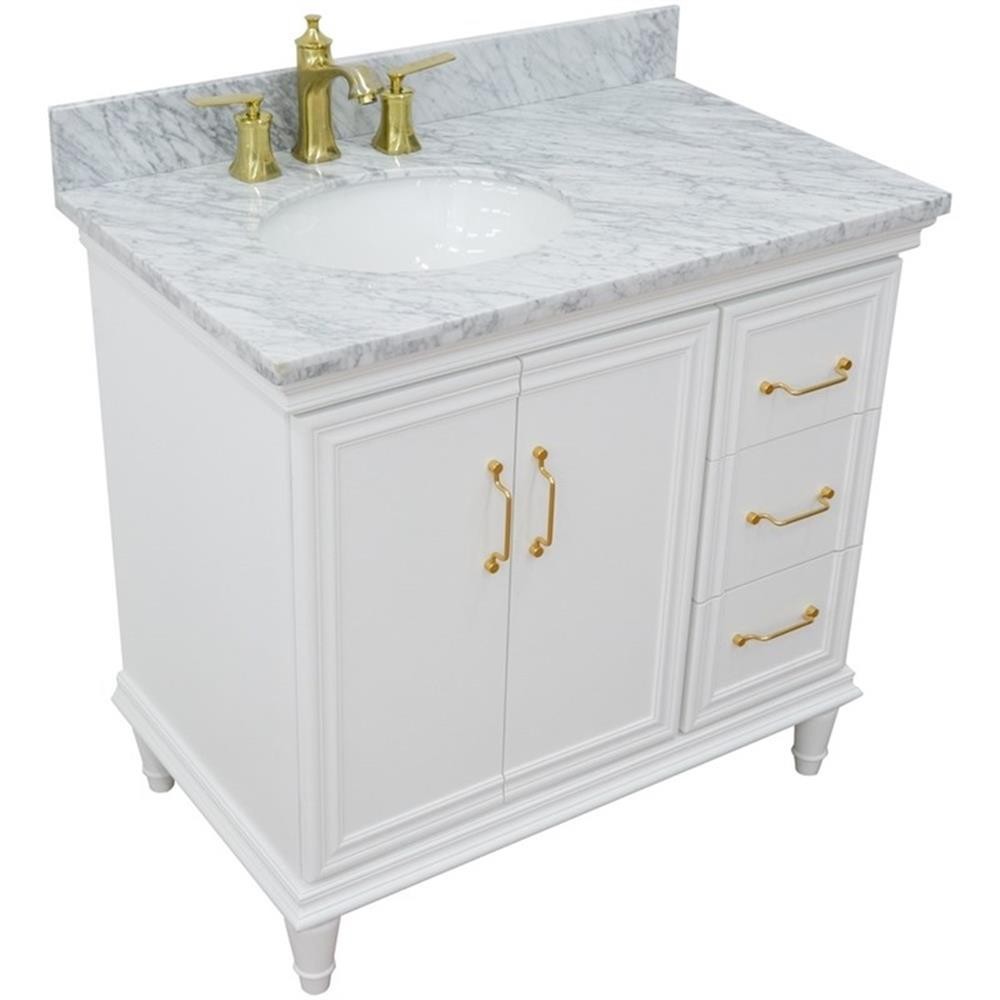 37 in. Single Wooden Vanity White White Carrara Oval Left Door.Left Sink