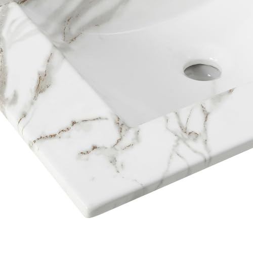 24” Rectangular Ceramic Vanity Top – Classic Contemporary Sink Basin, White Marb