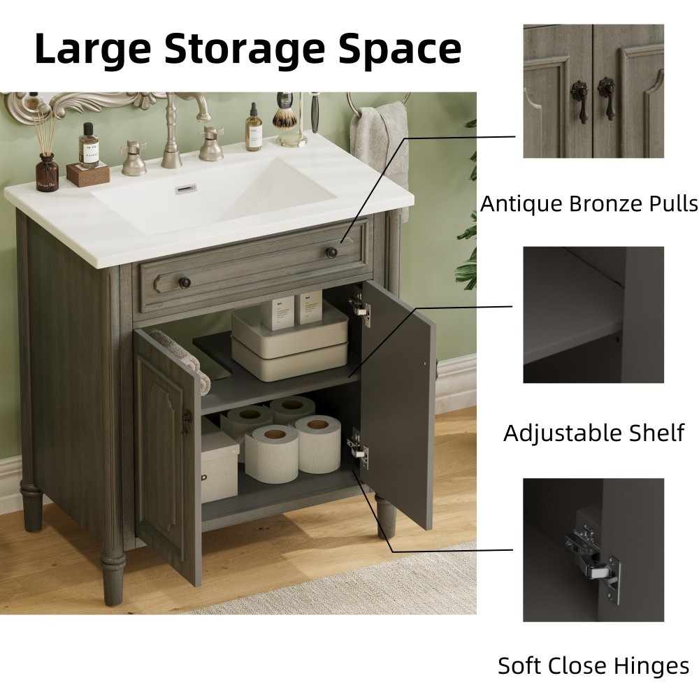 30In Bathroom Vanity with Sink Rustic Bathroom Cabinet with Soft Close Doors
