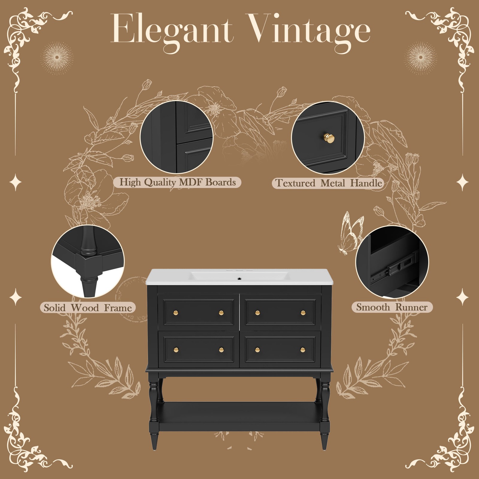 36″ Bathroom Vanity Cabinet with Sink Combo Set, 4 Drawers, Black