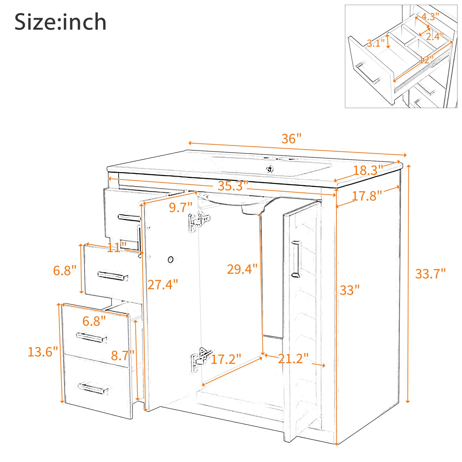 36″ Bathroom Vanity with Ceramic Sink, Solid Wood Frame, 3 Drawers & Doors
