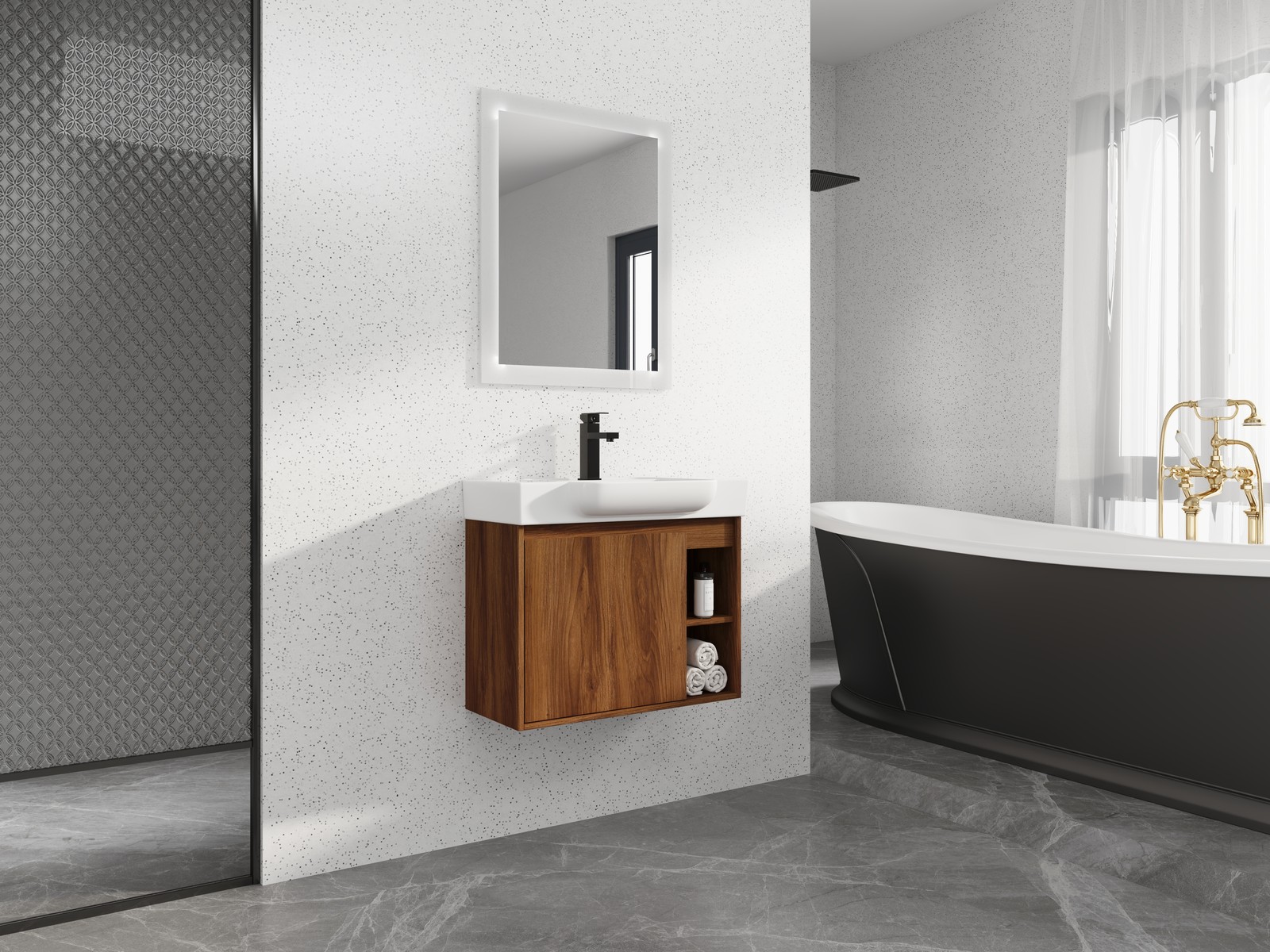 28″ Plywood Wall-Mounted Bathroom Vanity W/ Ceramic Sink Brown For Small Space