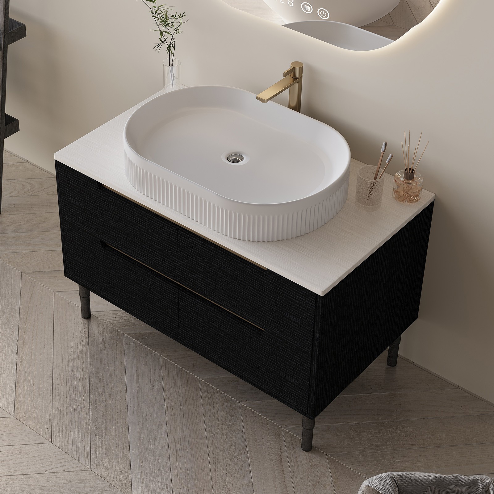 Bathroom Vanity w/Ceramic Integrated Sink, Storage Cabinet w/Soft-Close Drawers
