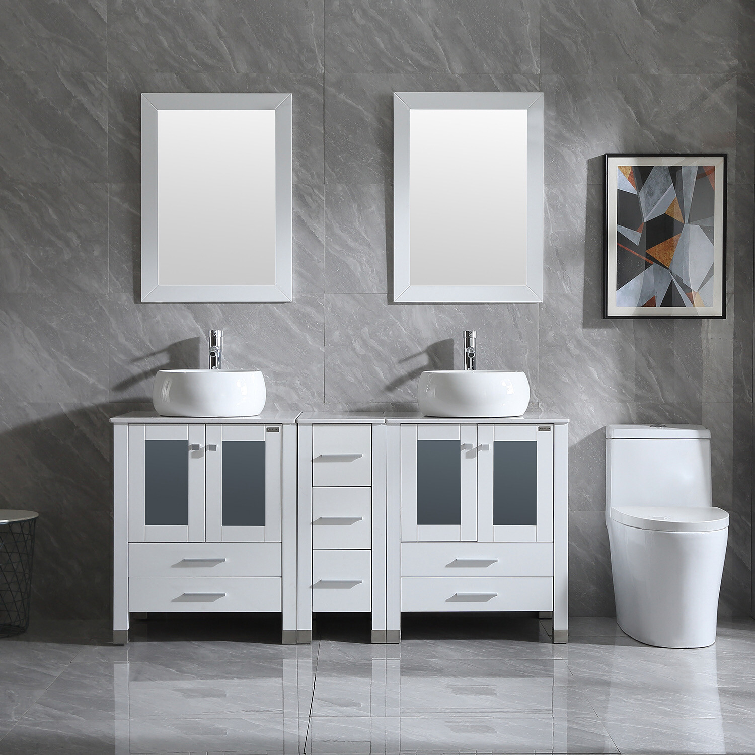 60” White Double Vanity Cabinets Bathroom Ceramic Bowls Faucet w/Mirrors Combo
